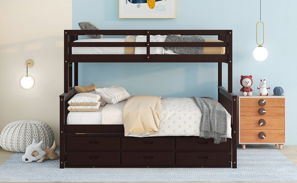 Homey Life Twin-Over-Full Bunk Bed with Twin size Trundle , Separable Bunk Bed with Drawers for Bedroom - Espresso