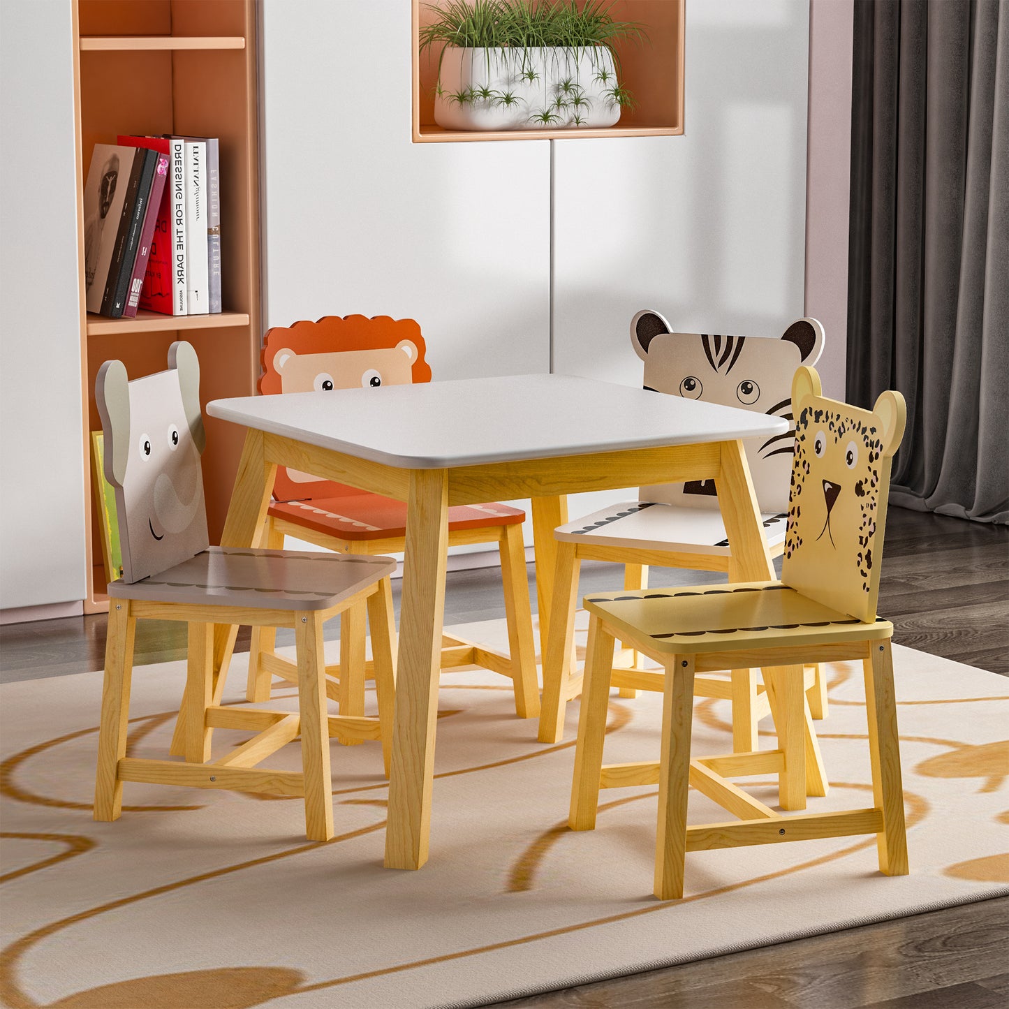 Moonriver Kids Wood Table with 4 Chairs Set Cartoon Animals