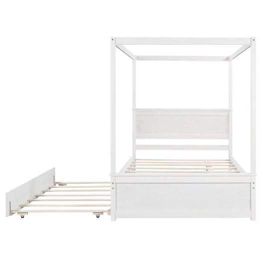 Homey Life Full Size Canopy Platform Bed with Trundle in White