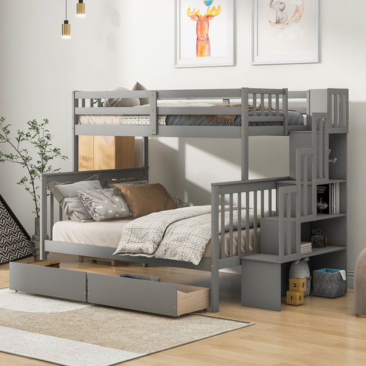 Inspirit Twin over Full Bunk Bed with Staircase & Storage - Gray