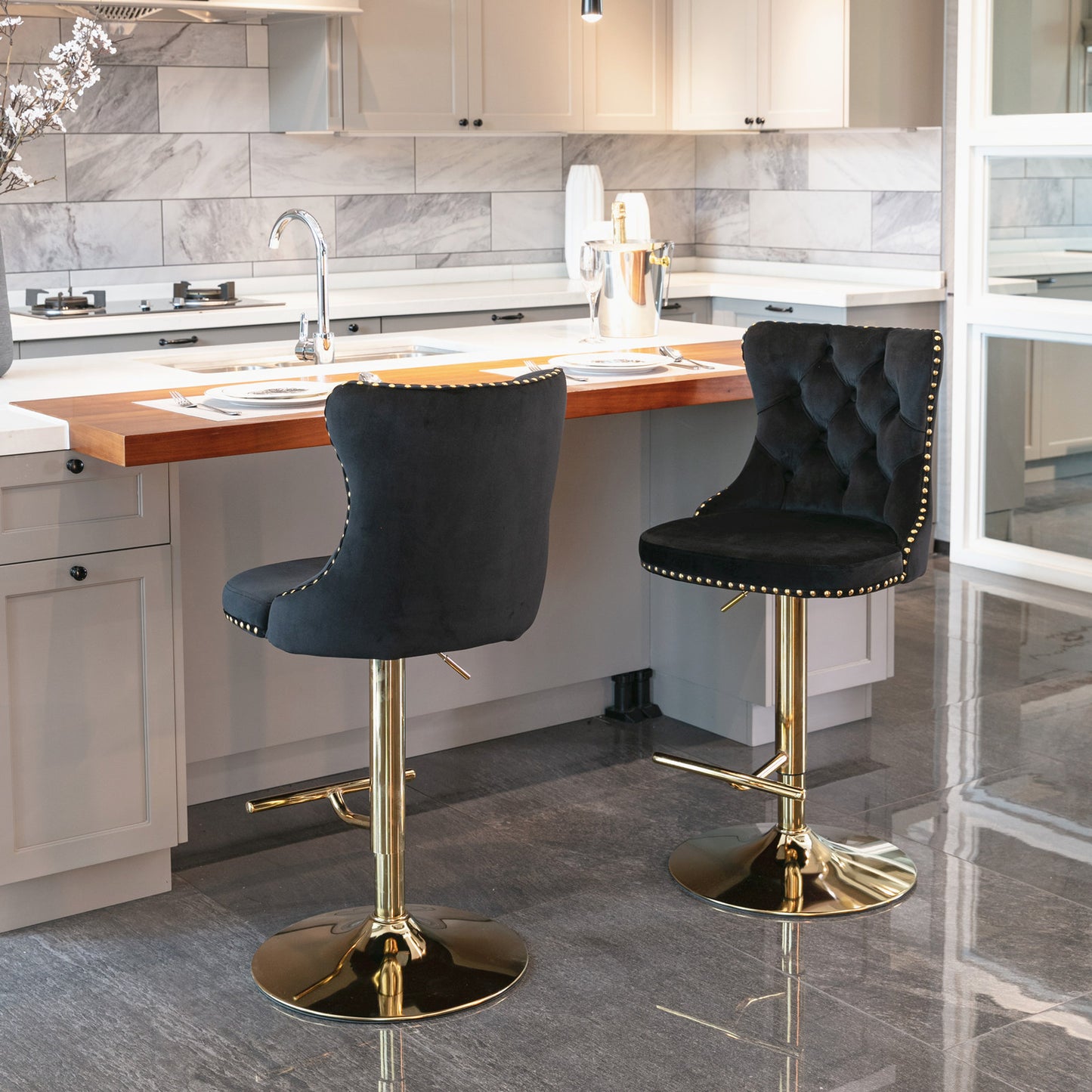 A&A Furniture Velvet Swivel Bar Stools with Gold Base Set of 2