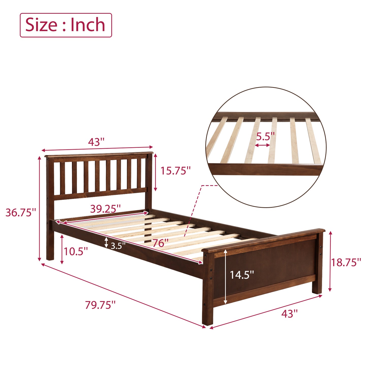 Homey Life Twin Size Wood Platform Bed with Headboard,Footboard and Wood Slat Support, Walnut