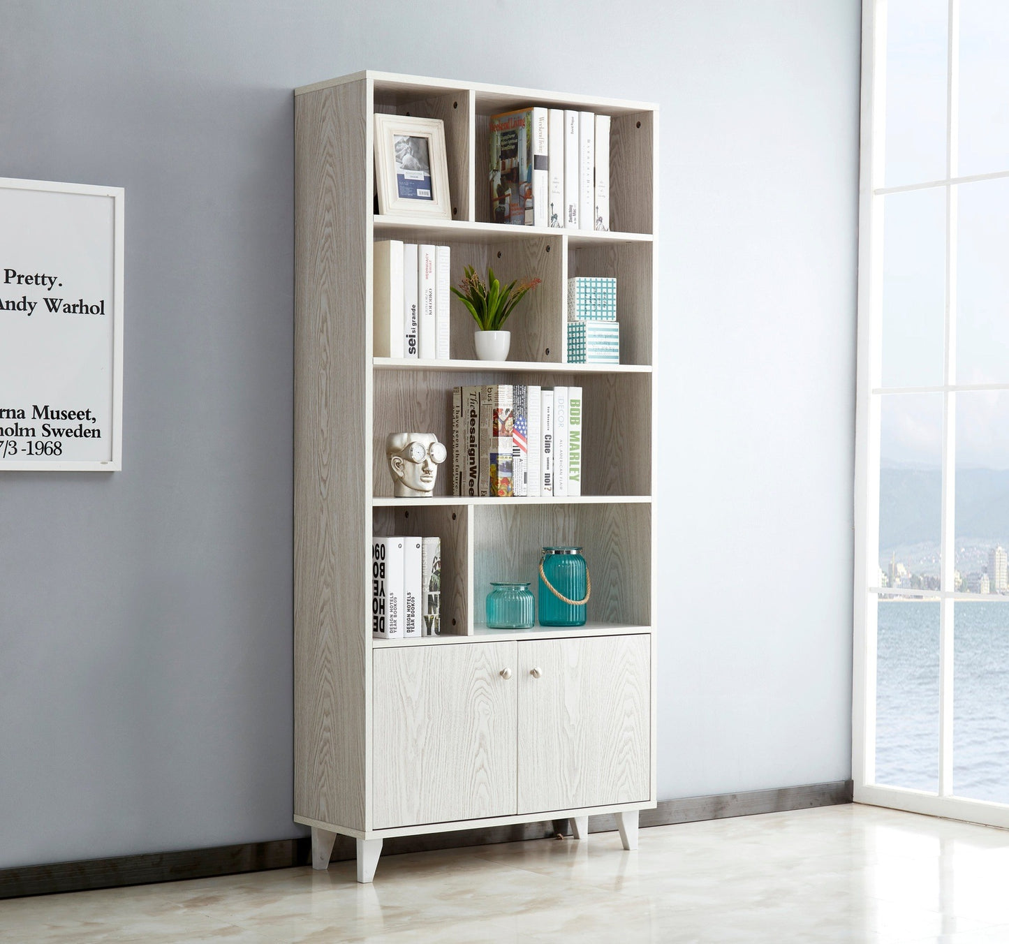 68" Bookcase with 2 Doors - White