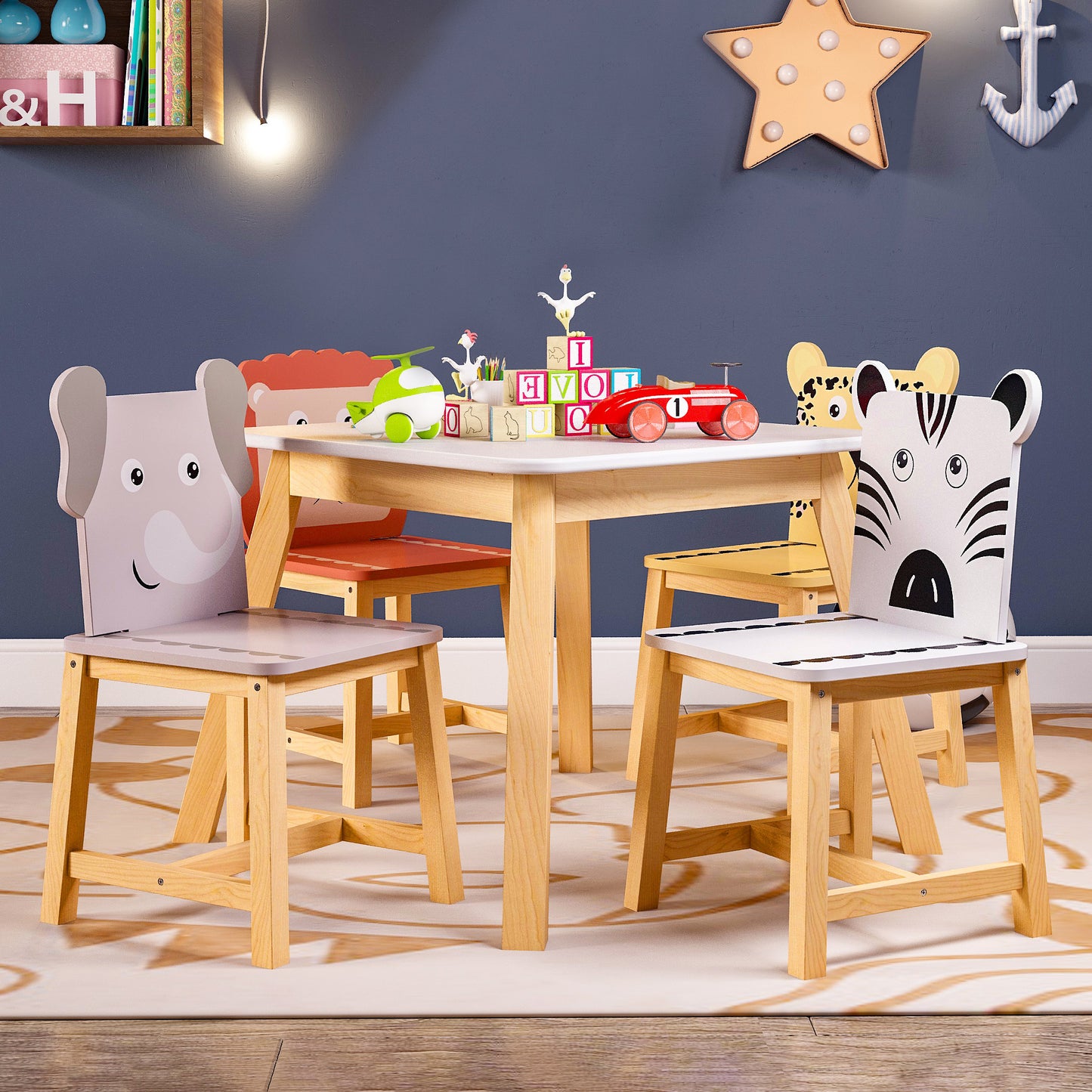 Moonriver Kids Wood Table with 4 Chairs Set Cartoon Animals