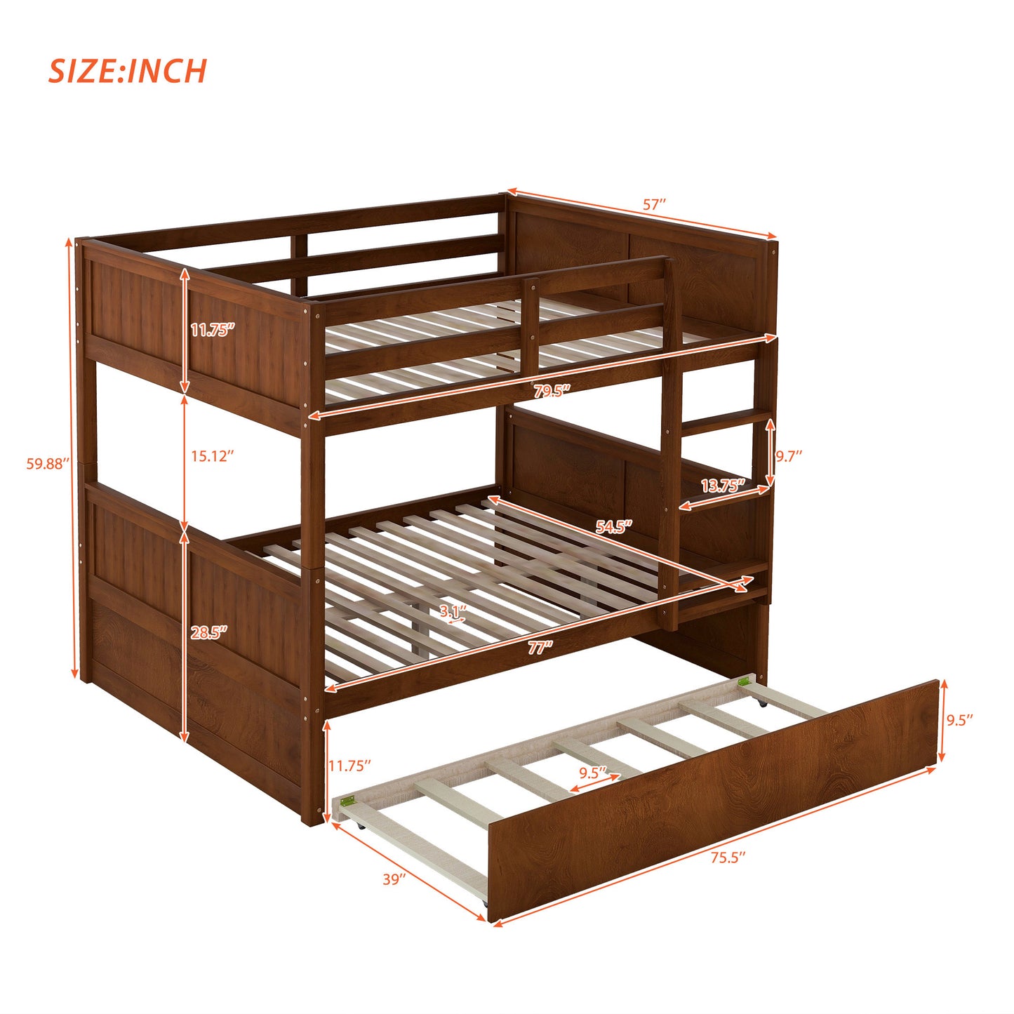 Homey Life Full Over Full Bunk Bed with Twin Size Trundle, Walnut
