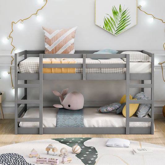 Homey Life Twin Over Twin Bunk Bed with Ladder, Gray
