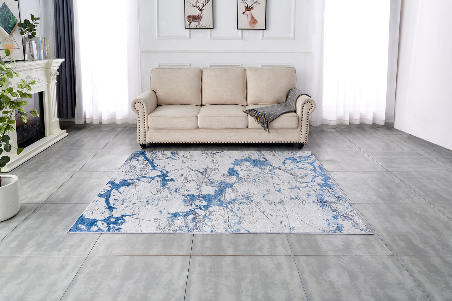 ZARA Collection Abstract Design Silver Blue Machine Washable Super Soft Area Rug