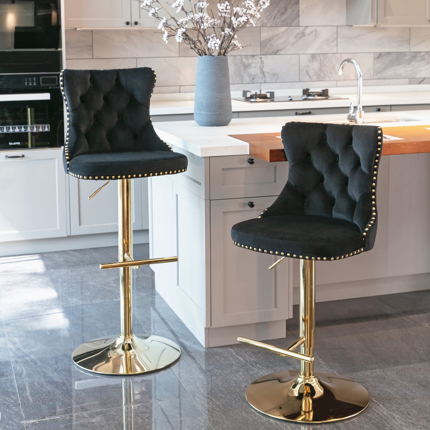 A&A Furniture Velvet Swivel Bar Stools with Gold Base Set of 2