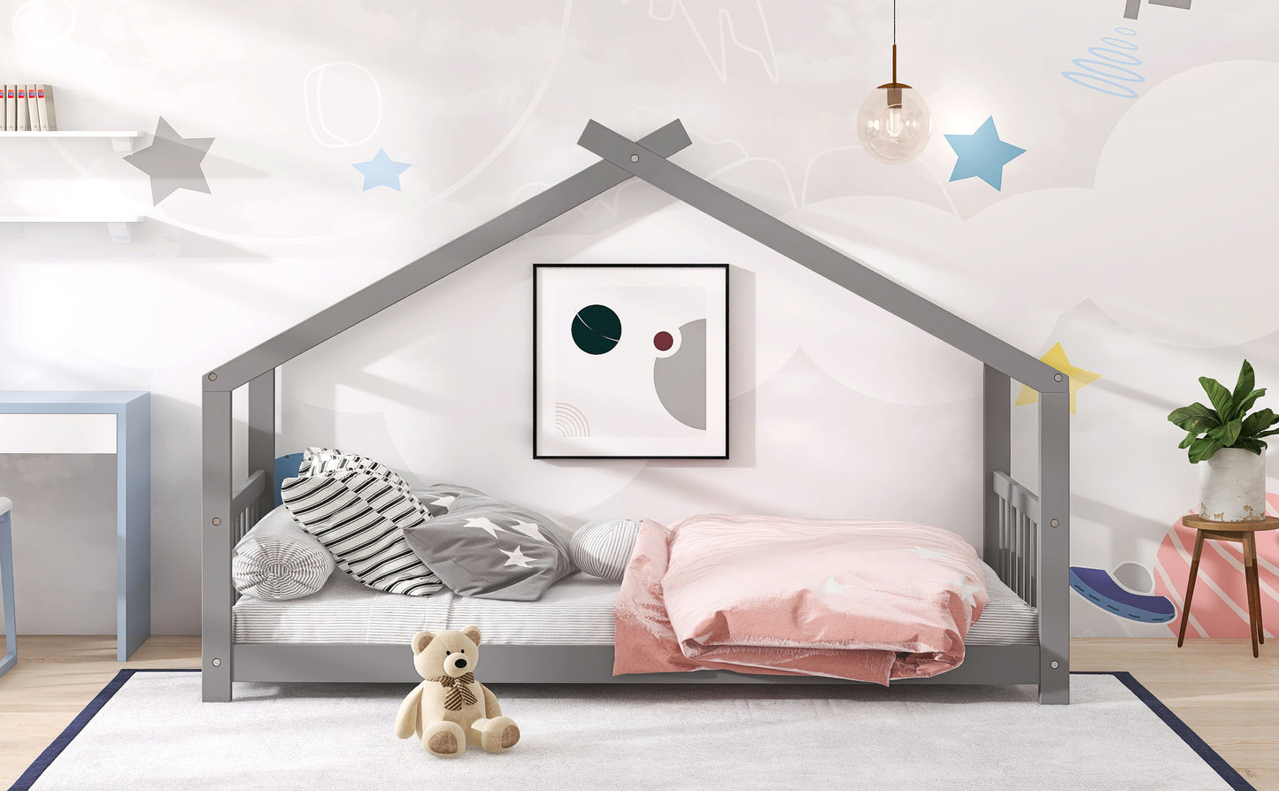 Homey Life Twin Size House Bed Wood Bed, Gray