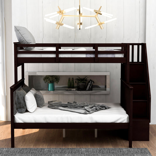 Homey Life Twin-Over-Full Bunk Bed with Storage in Espresso