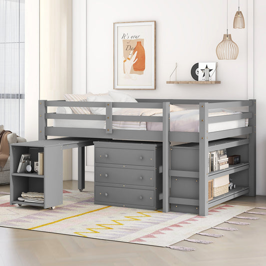 Full Loft Bed with Cabinet ,Shelves and Rolling Portable Desk - Gray