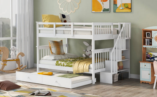 Homey Life Full-Over-Full Bunk Bed with Twin size Trundle & Storage Stairway