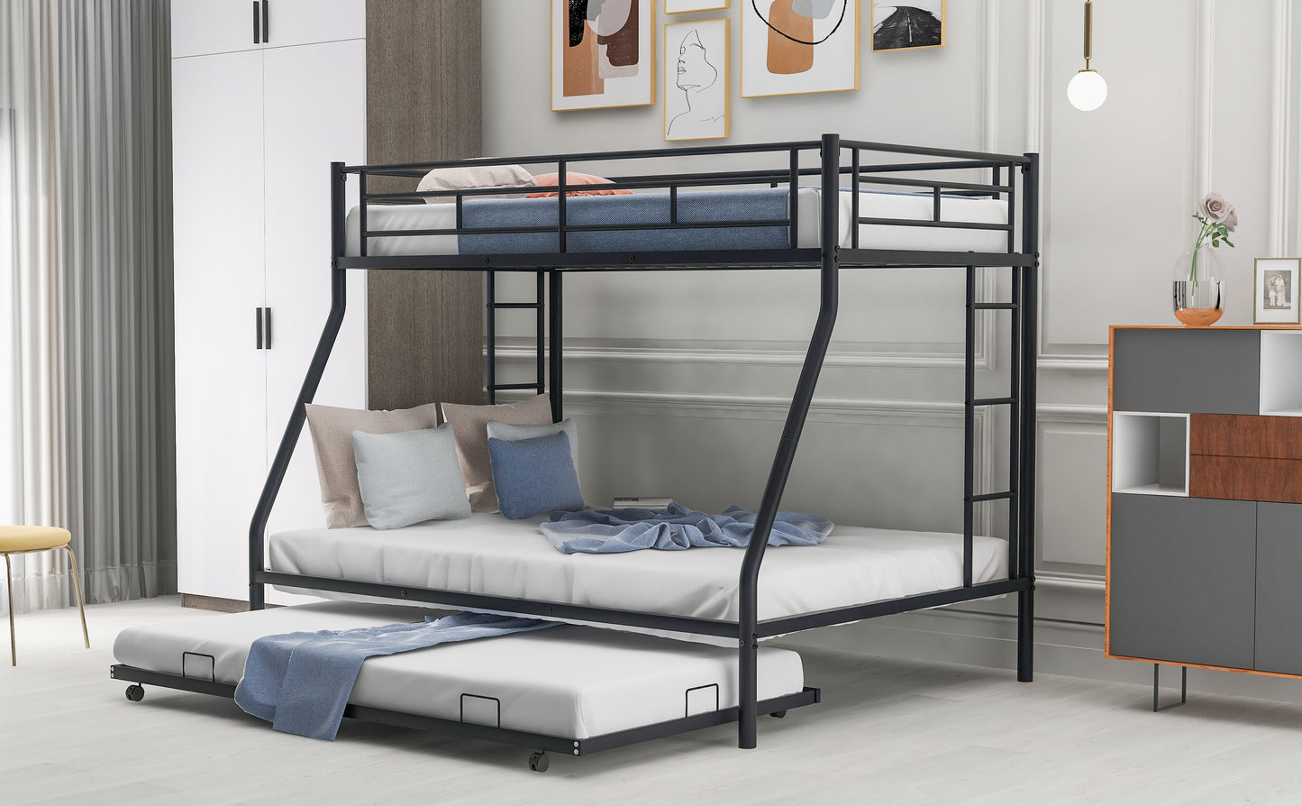 Twin over Full Metal Bunk Bed with Twin Trundle in Black