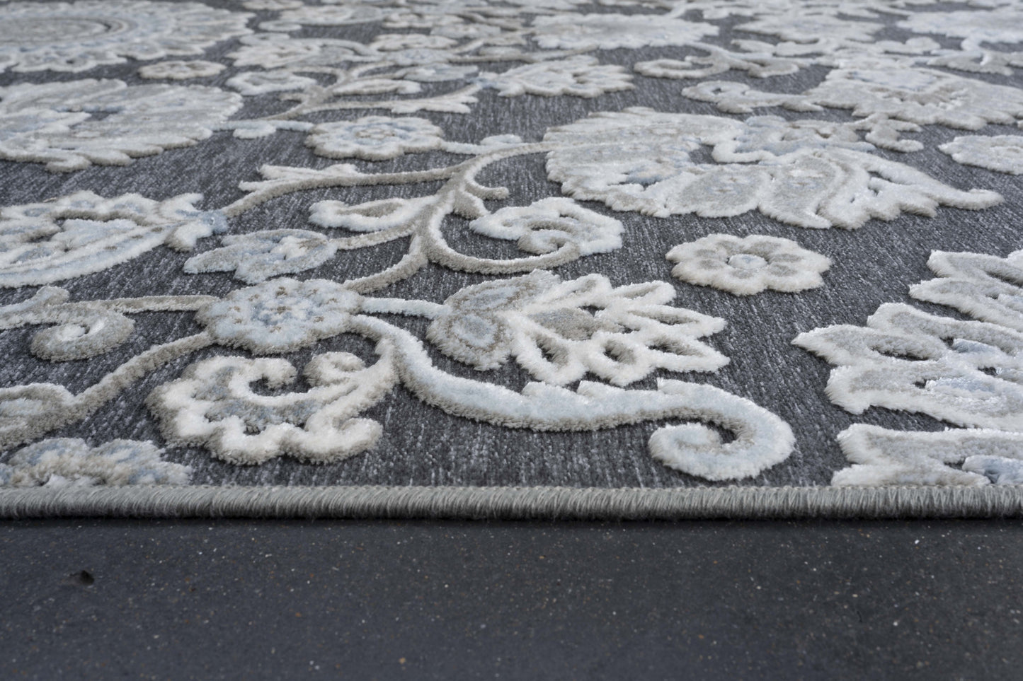 Lily Gray, Ivory, Blue Chenille and Viscose High - Low Area Rug