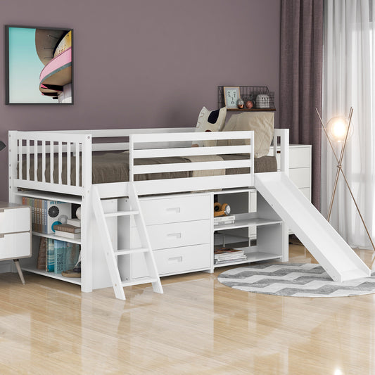 Low Loft Bed with Attached Bookcases and Separate 3-tier Drawers - White
