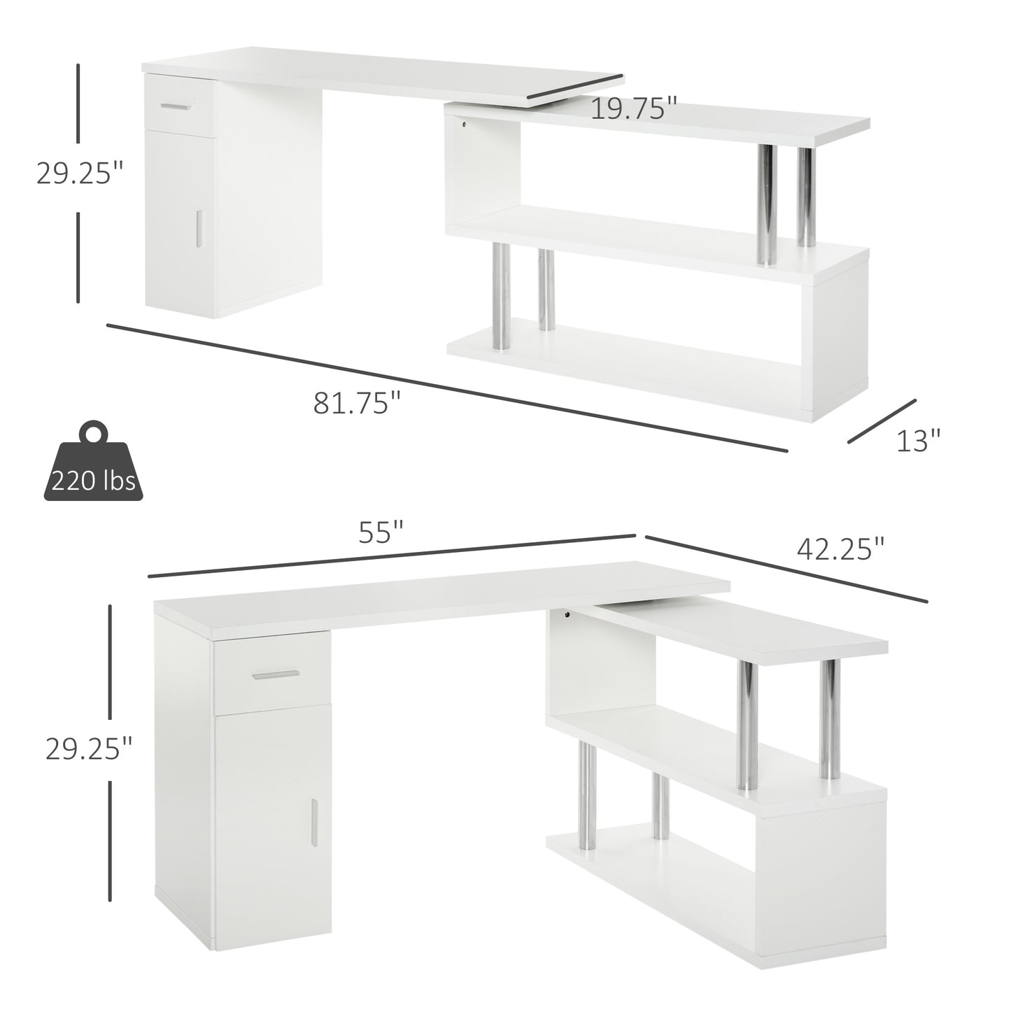 Ellery Rotating Computer Desk, 55" L-Shaped Desk, Corner Desk with Storage Shelves, White