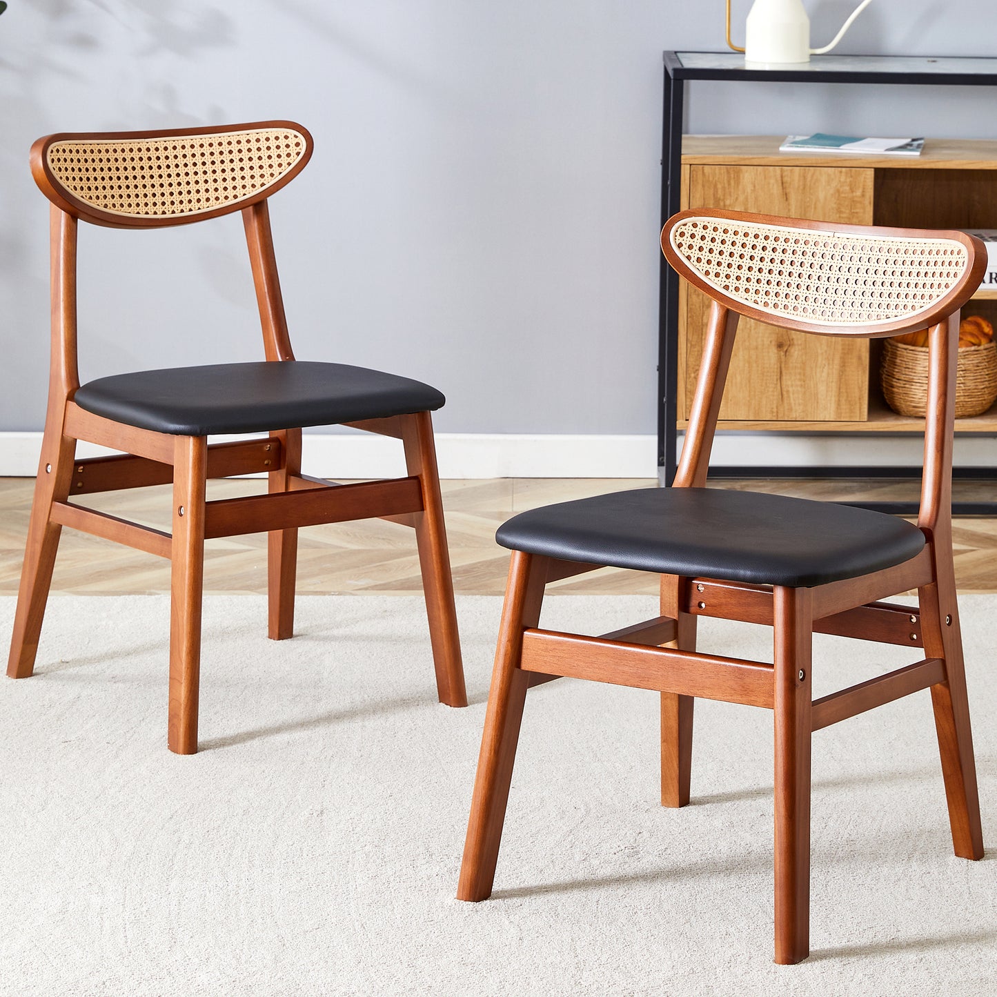 Judith Mid-Century Modern Solid Wood & Rattan Dining Chair, Walnut & Black