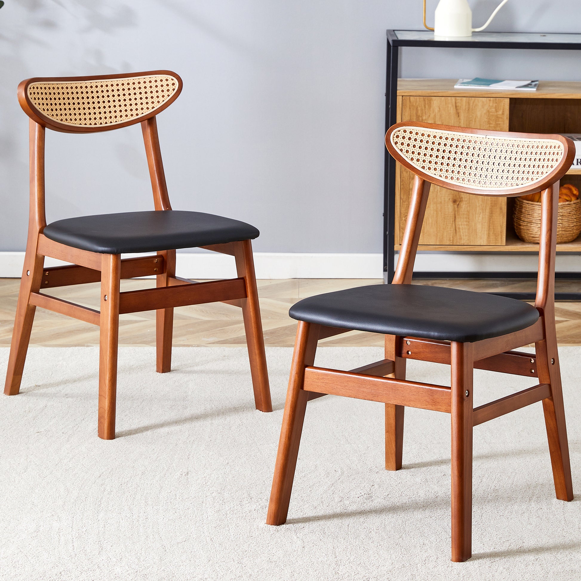 Judith Mid-Century Modern Solid Wood & Rattan Dining Chair, Walnut & Black