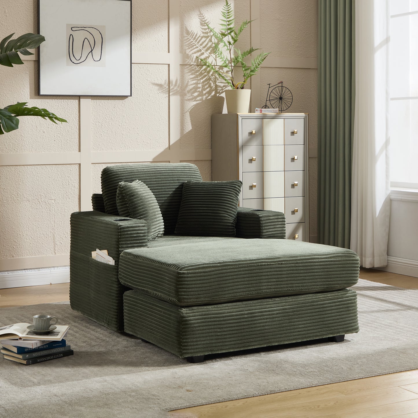 [new]corduroy Upholstered Chaise Lounge Sofa - Green - primary color shot