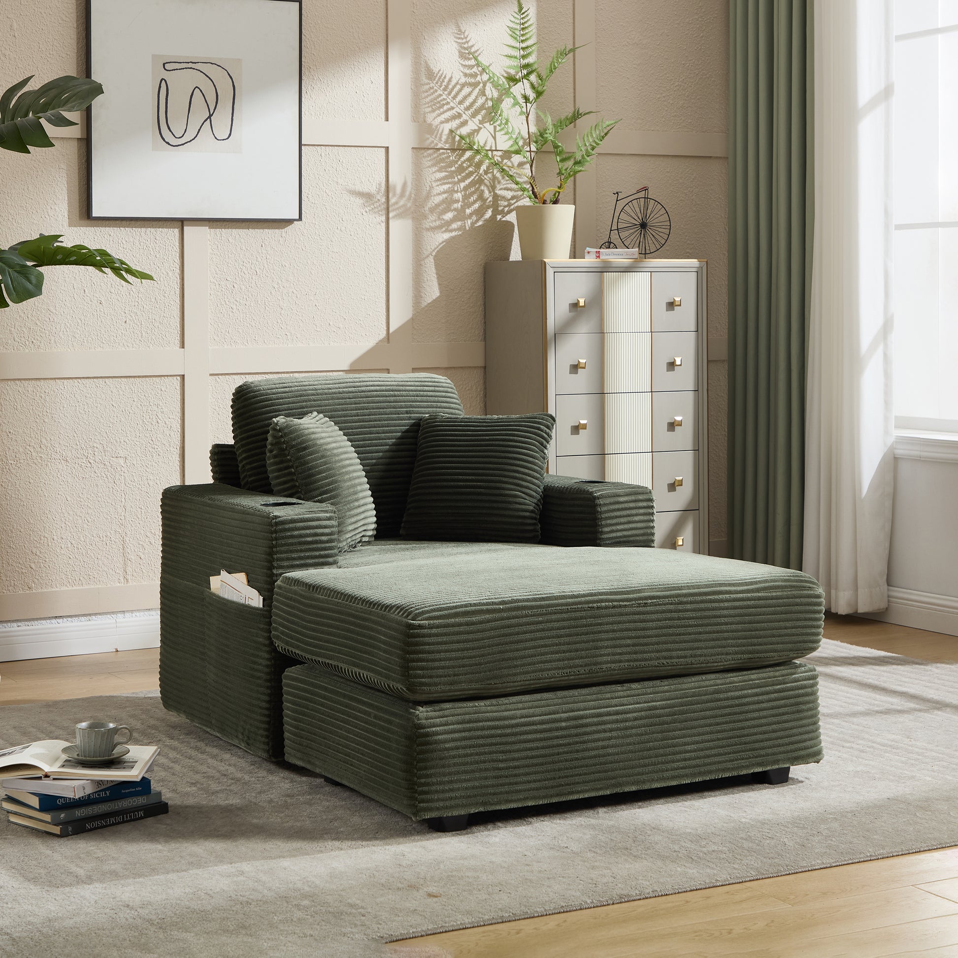 [new]corduroy Upholstered Chaise Lounge Sofa - Green - primary color shot