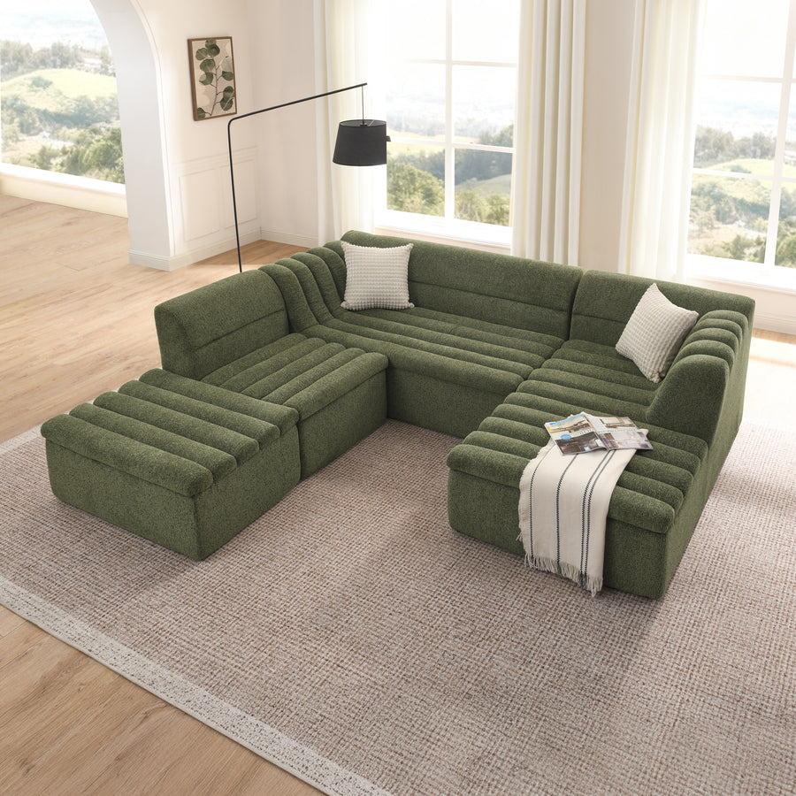 Green Chenille U-Shaped Modular Sectional Sofa with Chaise and Movable Ottoman, 135' Long, Boneless Design, No Pillows Included - detail view 2