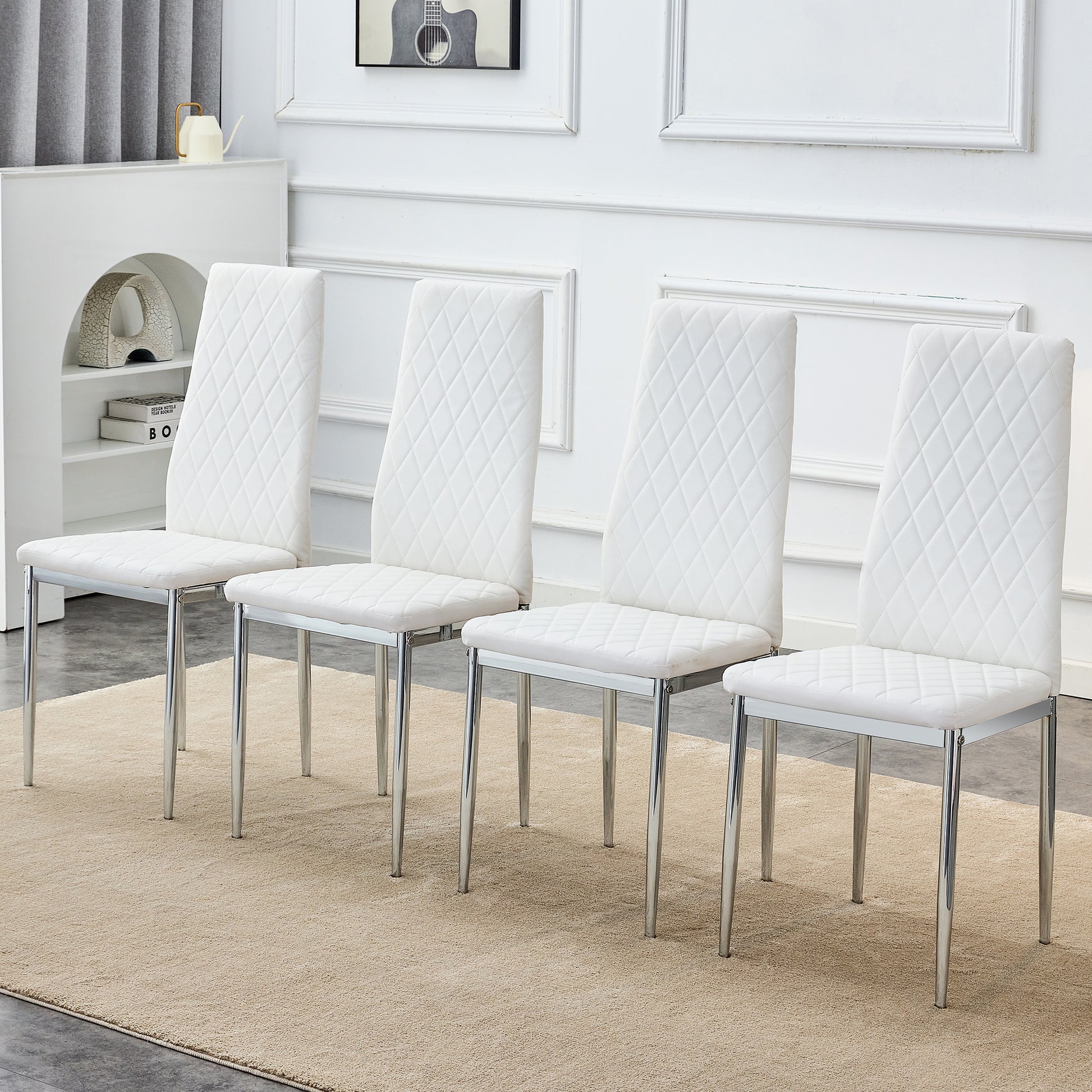Donna Modern Diamond Stitched PU Leather Side Chairs Set of 4 , White