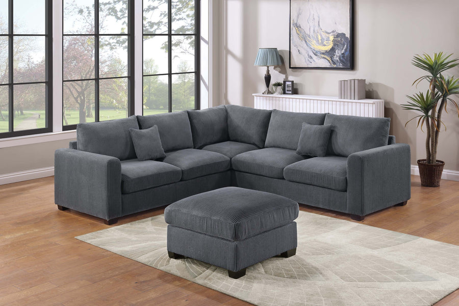 Modern Style L-Shaped 4pc Sectional Set Cocktail Ottoman Square Arms Throw Pillow Corduroy Upholstered Dark Gray Finish Primary Living Room - primary color shot