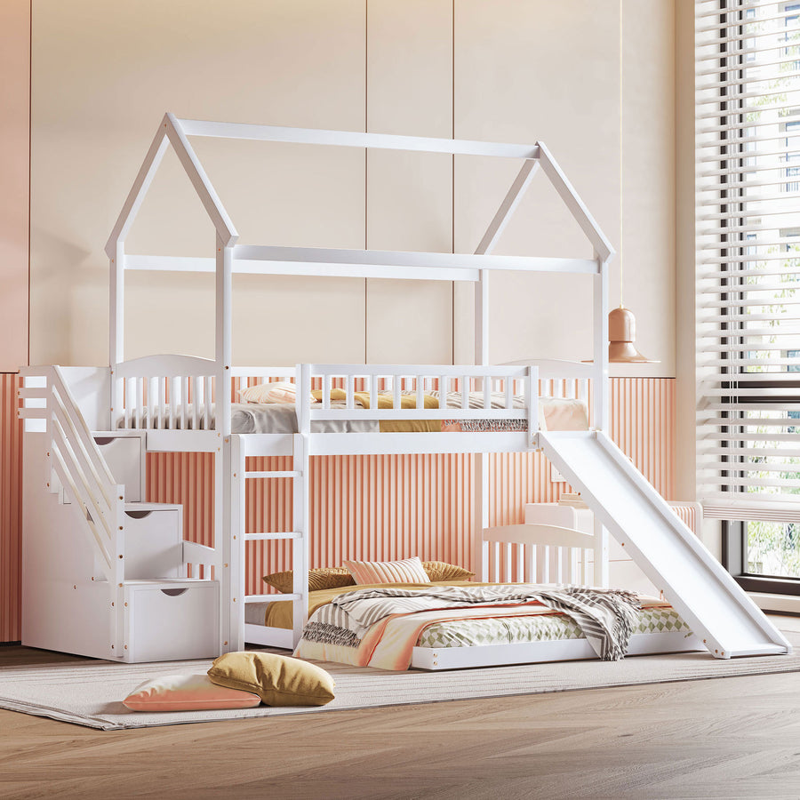 Twin over Full Bunk Bed with Slide - White - primary color shot