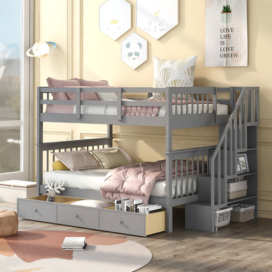 Stairway Full-over-Full Bunk Bed with Drawer - Gray - primary color shot