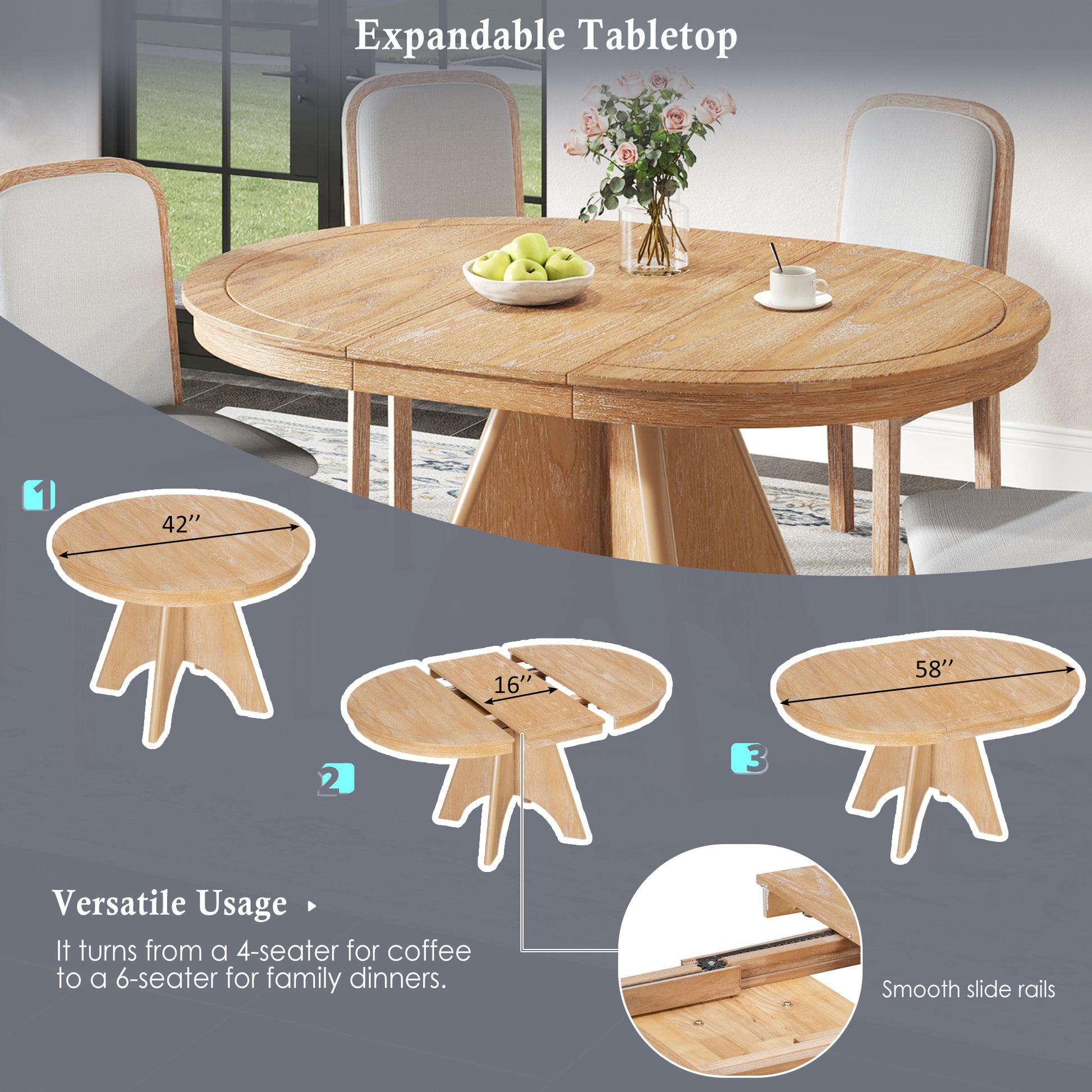 TREXM Vintage Extendable Dining Table for 4-6 - Natural - detail view 3