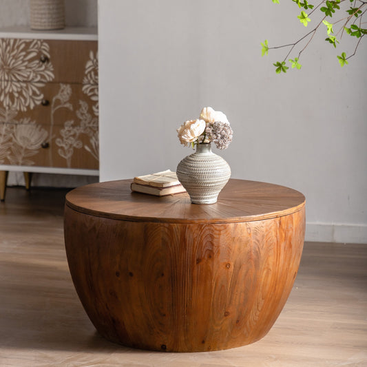 31.50'vintage Style Bucket Shaped Coffee Table with Storage Function - Brown - primary color shot