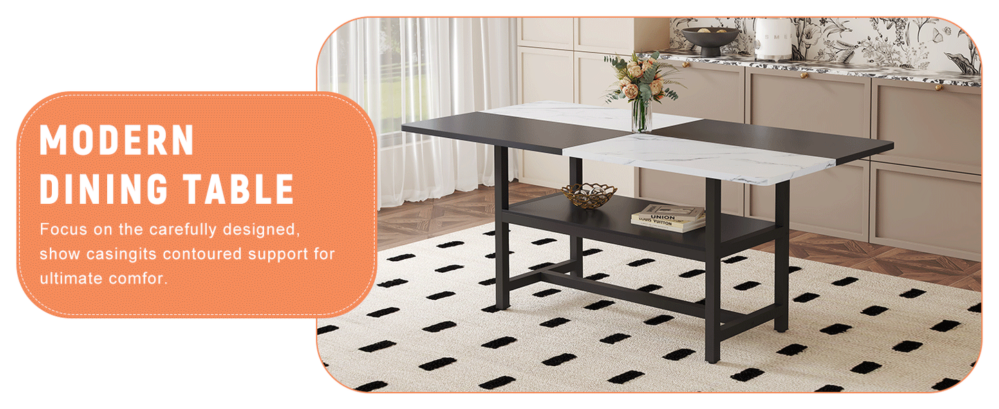 71" Long Two-Color Splicing Fashionable Dining Table - White & Black - detail view 7