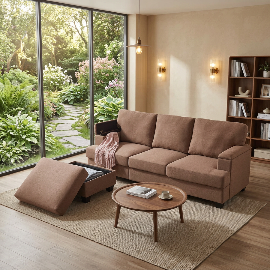 86' L-Shaped Sectional Sofa with Movable Ottoman & Storage, Linen Fabric Corner Couch for Small Living Room, Brown - primary color shot
