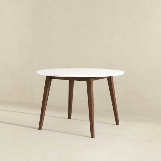 Brown and White Round Solid Wood Dining Room Table with Brown Wood Base - detail view 2