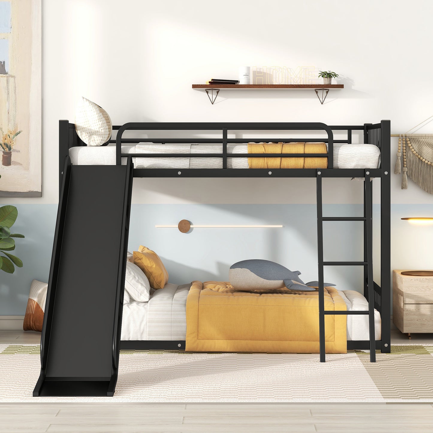 Megan Modern Black Metal Twin Bunk Bed with Slide