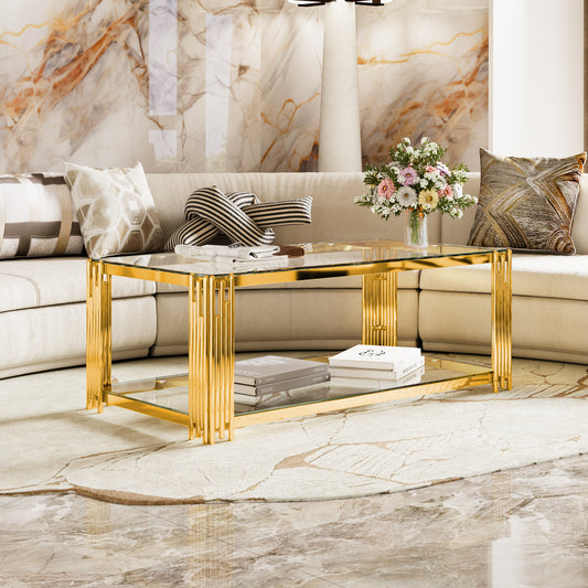 Modern Transparent Glass Coffee Table,Rectangle, Asymmetrical Metal, Gold Finish & Lower Shelf, 47.5'