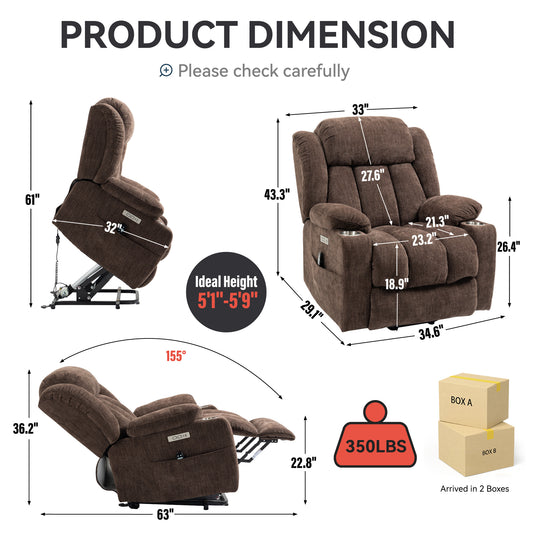 Up to 350 LBS Chenille Power Lift Recliner Chair - Brown - detail view 2