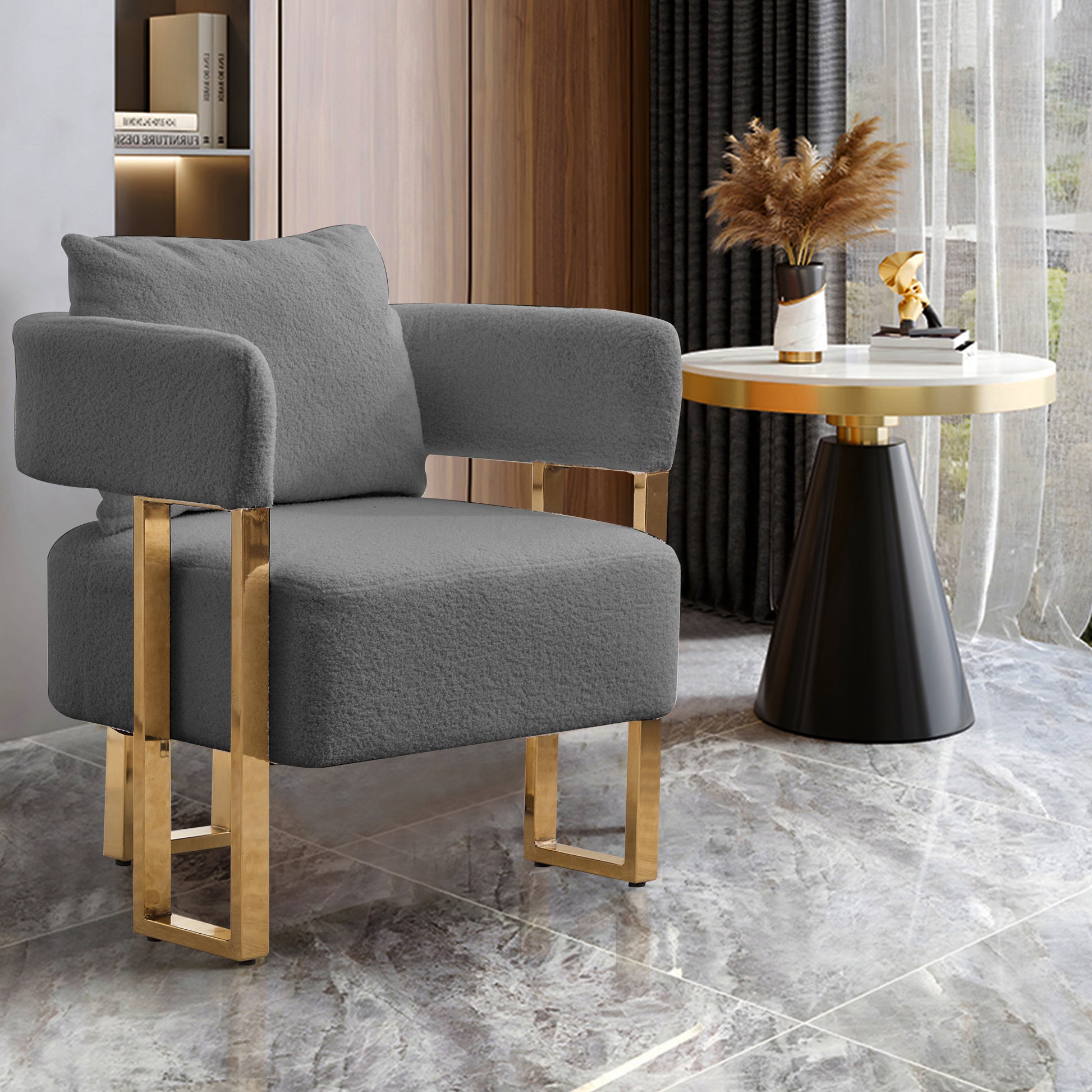 Grey Bouclé Steel Frame Accent Chair with Gold Legs - detail view 4