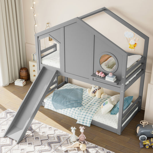 Twin House Bunk Bed with Slide and Storage Shelves - Gray - primary color shot