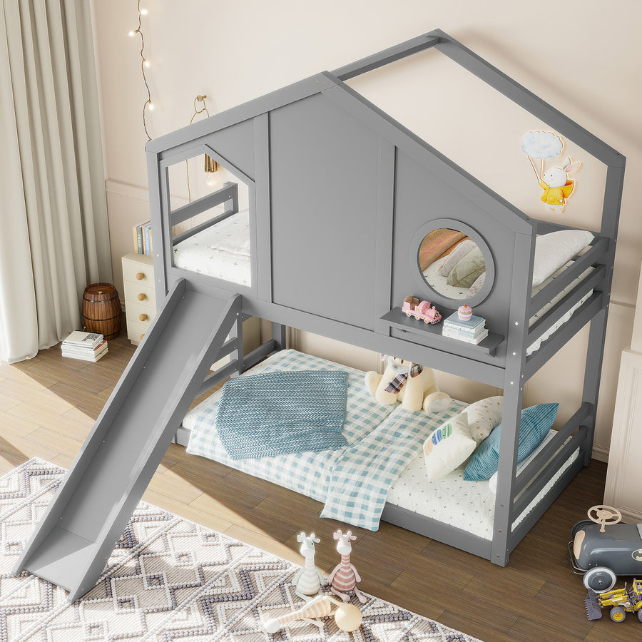 Twin House Bunk Bed with Slide and Storage Shelves - Gray - primary color shot
