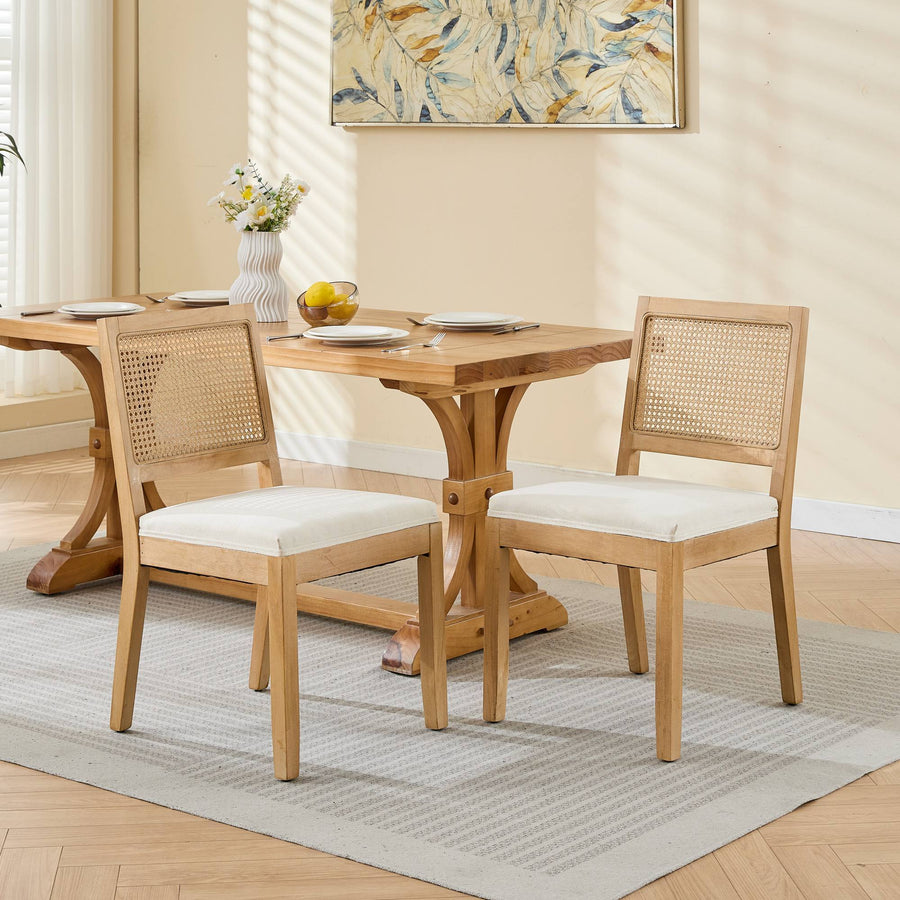 Beige Linen Dining Chairs with Wood Legs (Set of 2)