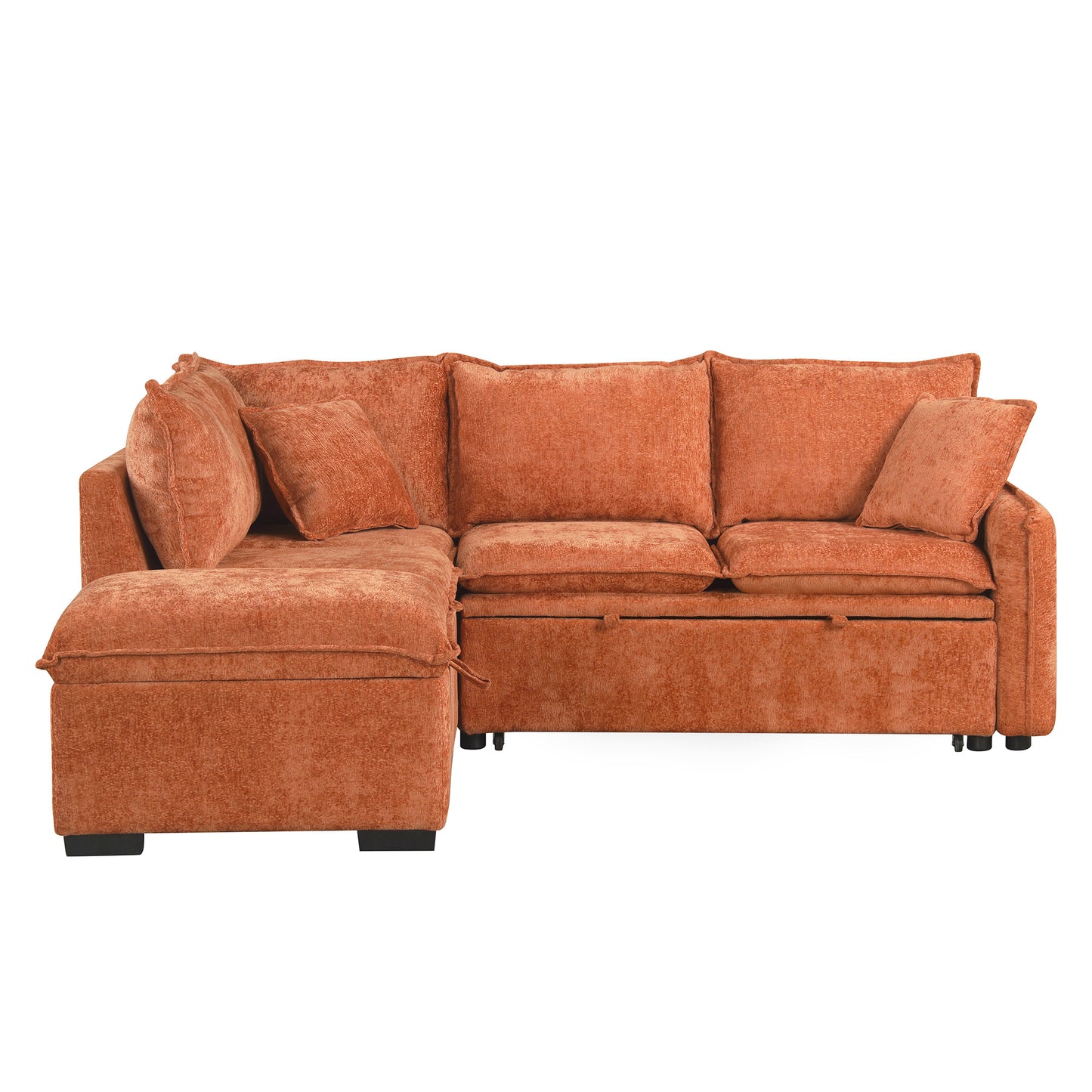 Convertible L-shaped Sofa Bed with Storage Ottoman, Power Sockets & USB Ports, Orange Chenille, 82.67' - detail view 8