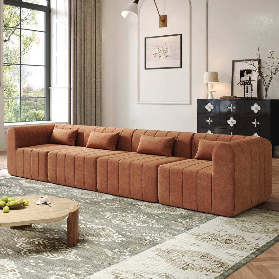 145.5 Inch Modular Full-Compressed Sectional Sofa, Orange Polyester Upholstered Modular Sofa with 4 Pieces, Compressed Sponge Modular Couch for Living Room - primary color shot