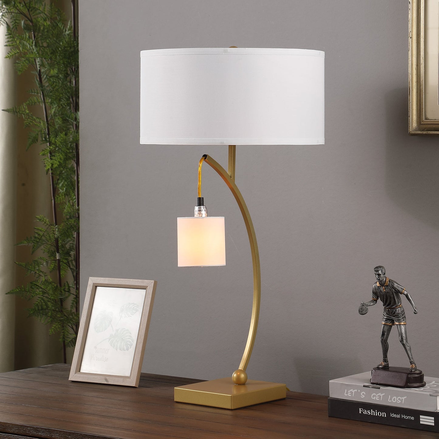 Dual Gold Arc W/ Hanging Pendelum Lamp Metal Table Lamp