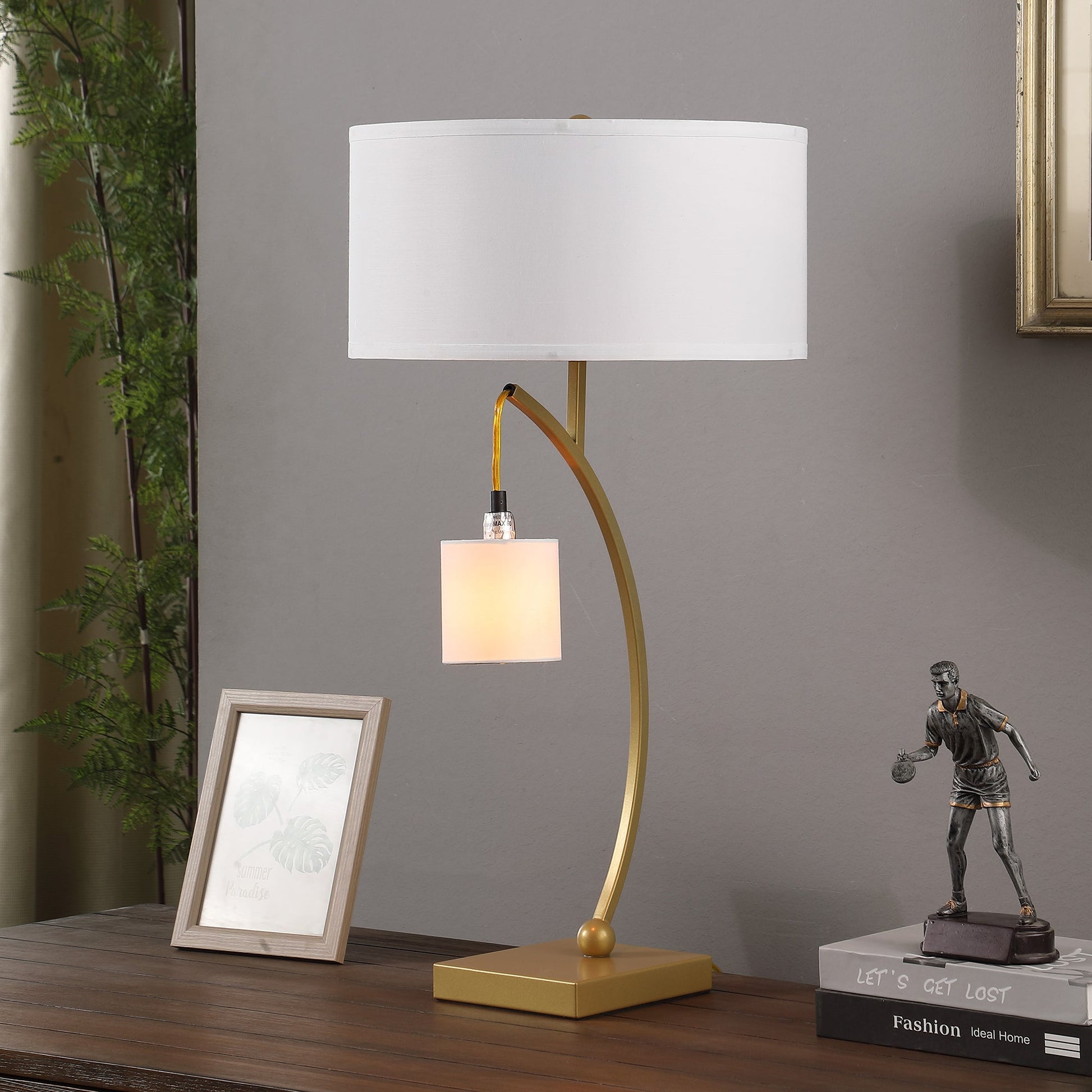 Dual Gold Arc W/ Hanging Pendelum Lamp Metal Table Lamp