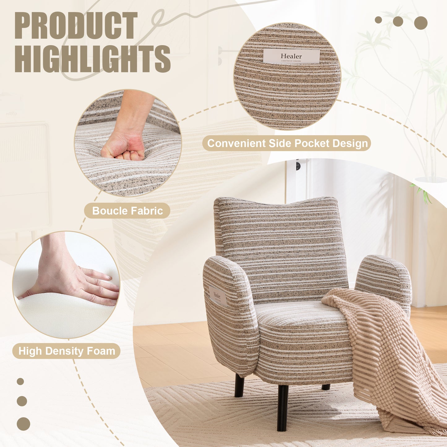 khaki Bouclé Accent Chair with Wood Legs - detail view 2