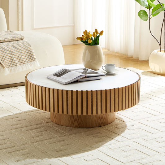 35.43'' Nesting Round Sintered Stone Tabletop Modern Drum Coffee Table Luxury Circle Coffee Table - Oak - primary color shot