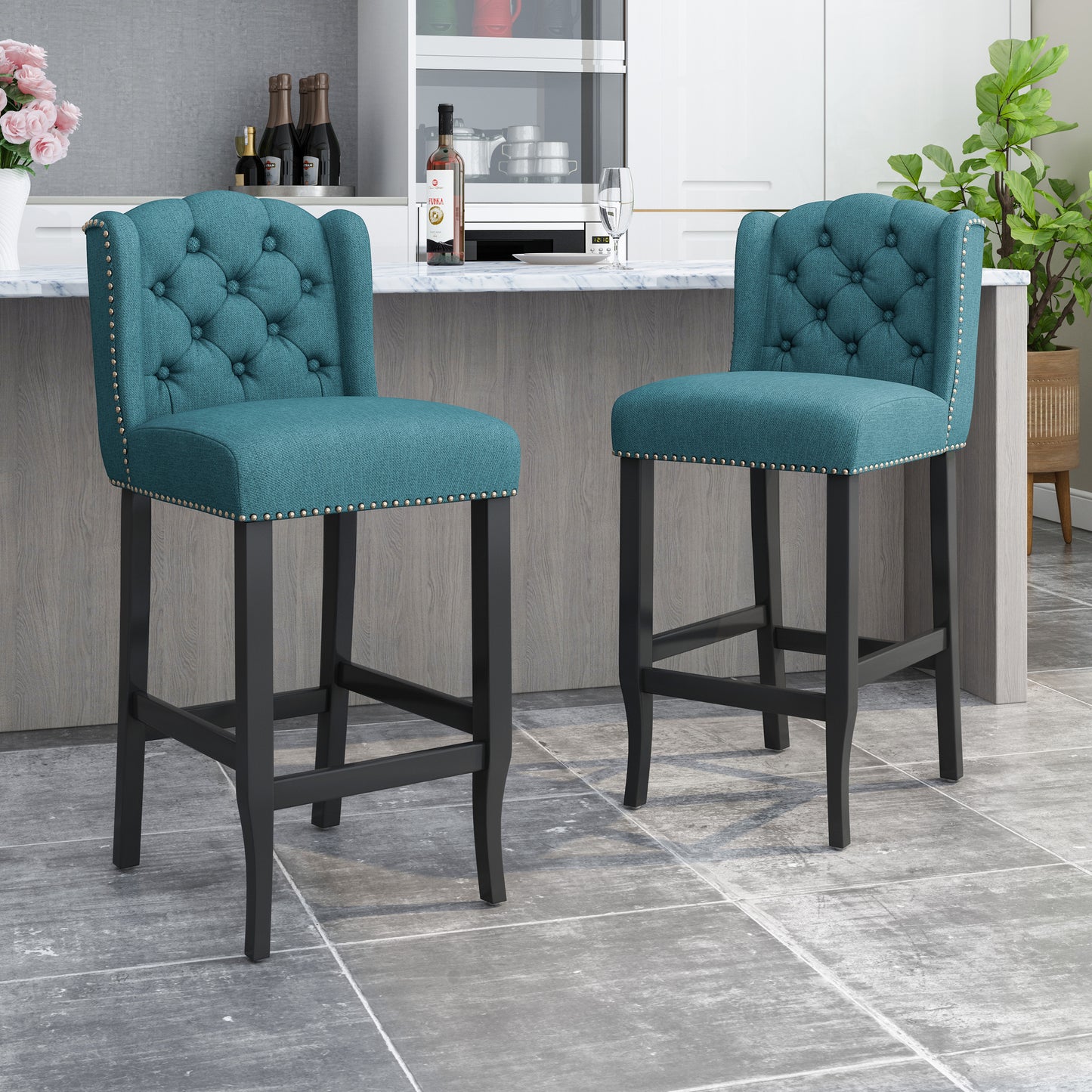 Maura 31" Contemporary Tufted Wingback Bar Stools Set of 2 Teal