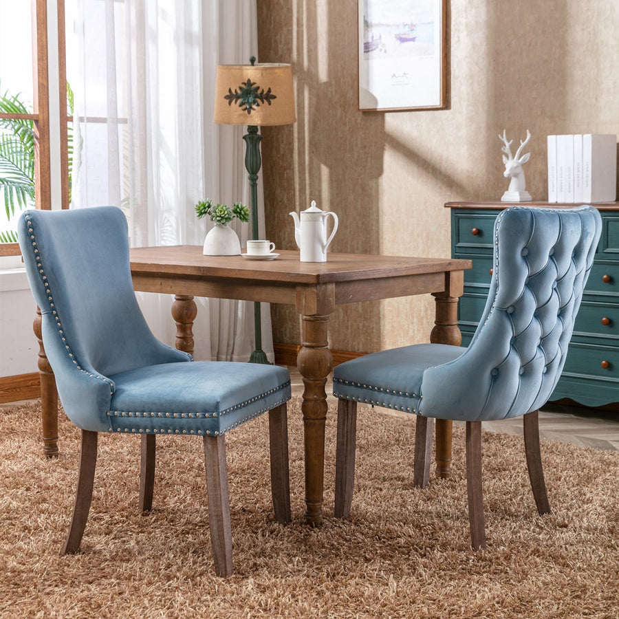 Light Blue Velvet Nailhead Trim Dining Chairs with Wood Legs (Set of 2)