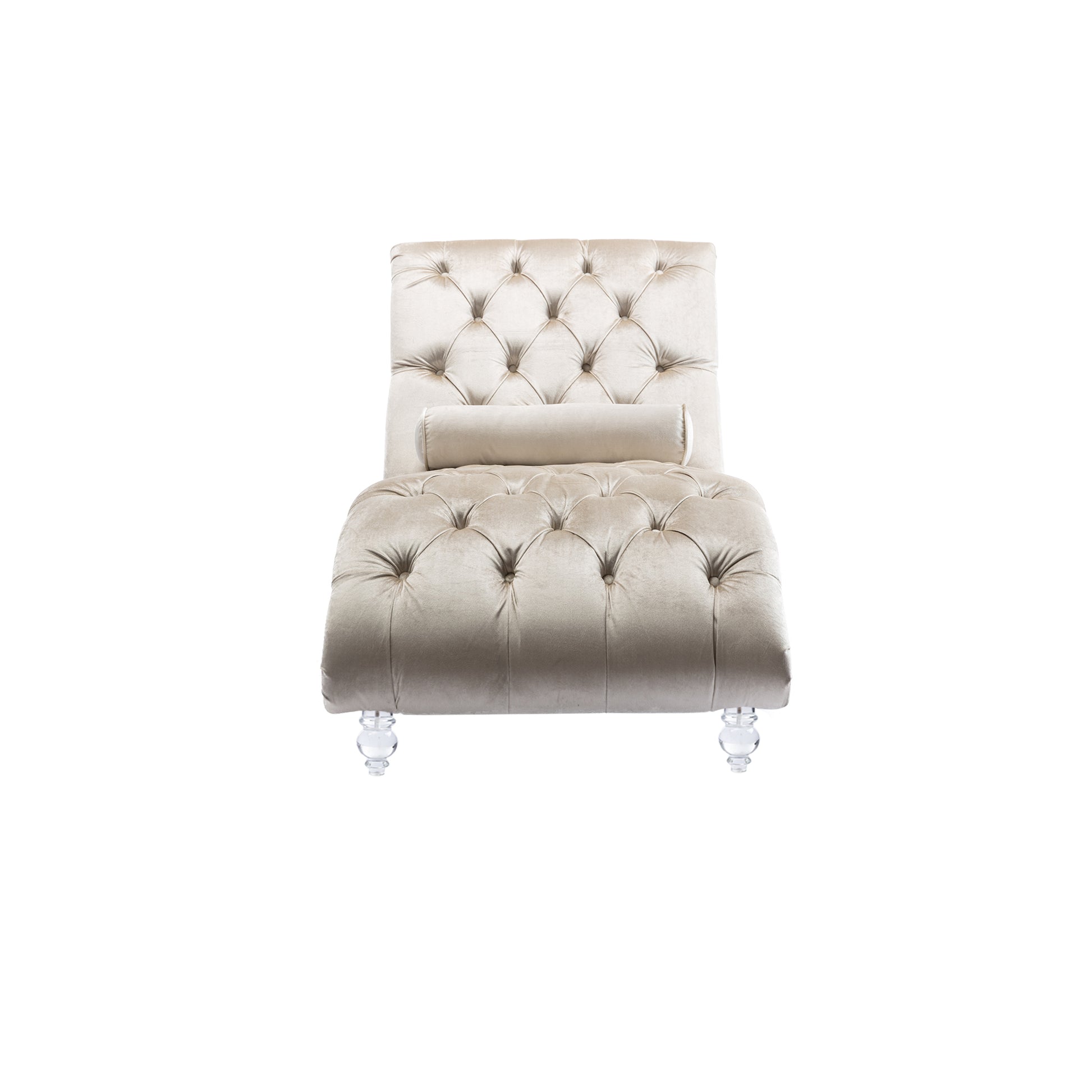 Beige Velvet Tufted Chaise Lounge with Wood Legs - detail view 8